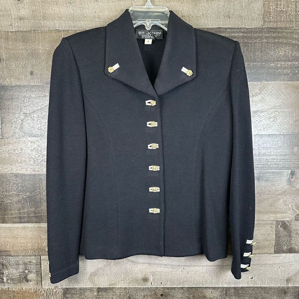 St John Collection Women’s Size 6 Knit Jacket Black Gold Accent Button Up Blazer